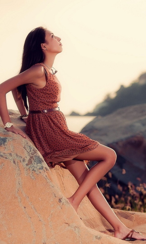 Das Brunette Girl Posing On Rocks Wallpaper 480x800