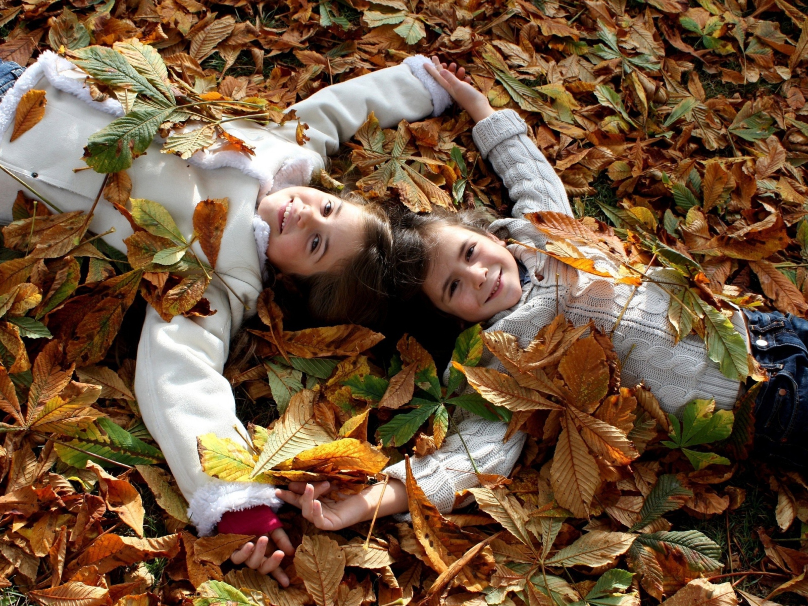Das Cute Child Girls On Autumn Leaves Carpet Wallpaper 1600x1200