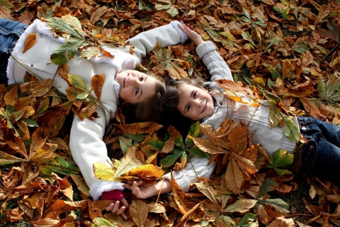 Cute Child Girls On Autumn Leaves Carpet wallpaper 480x320