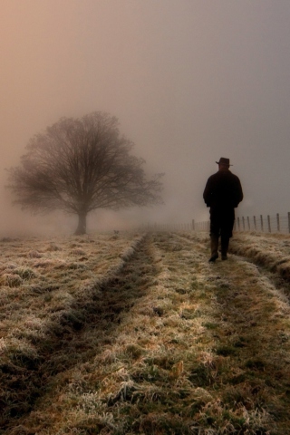 Lonely Man Walking In Field wallpaper 320x480