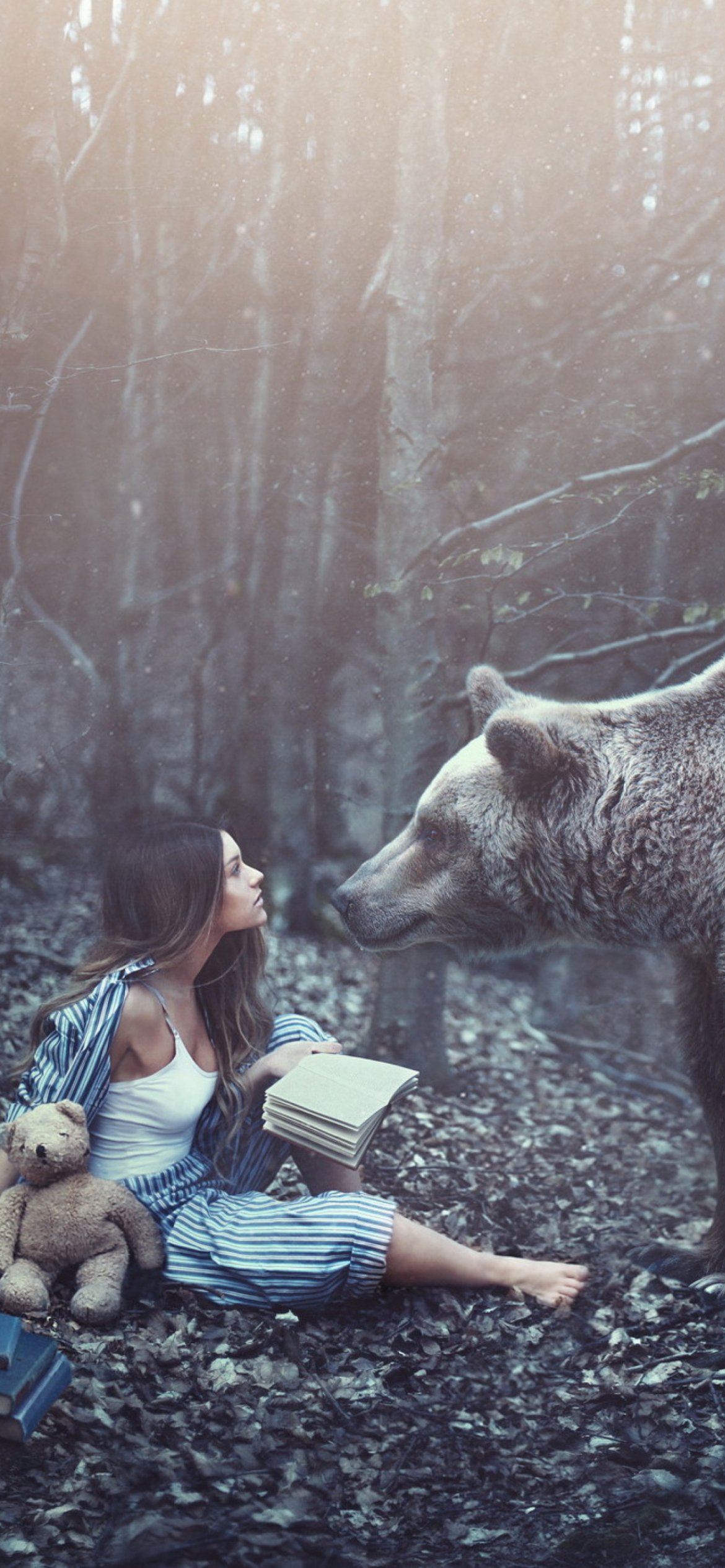 Sfondi Girl And Two Bears In Forest By Rosie Hardy Photographer 1170x2532