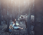 Sfondi Girl And Two Bears In Forest By Rosie Hardy Photographer 176x144