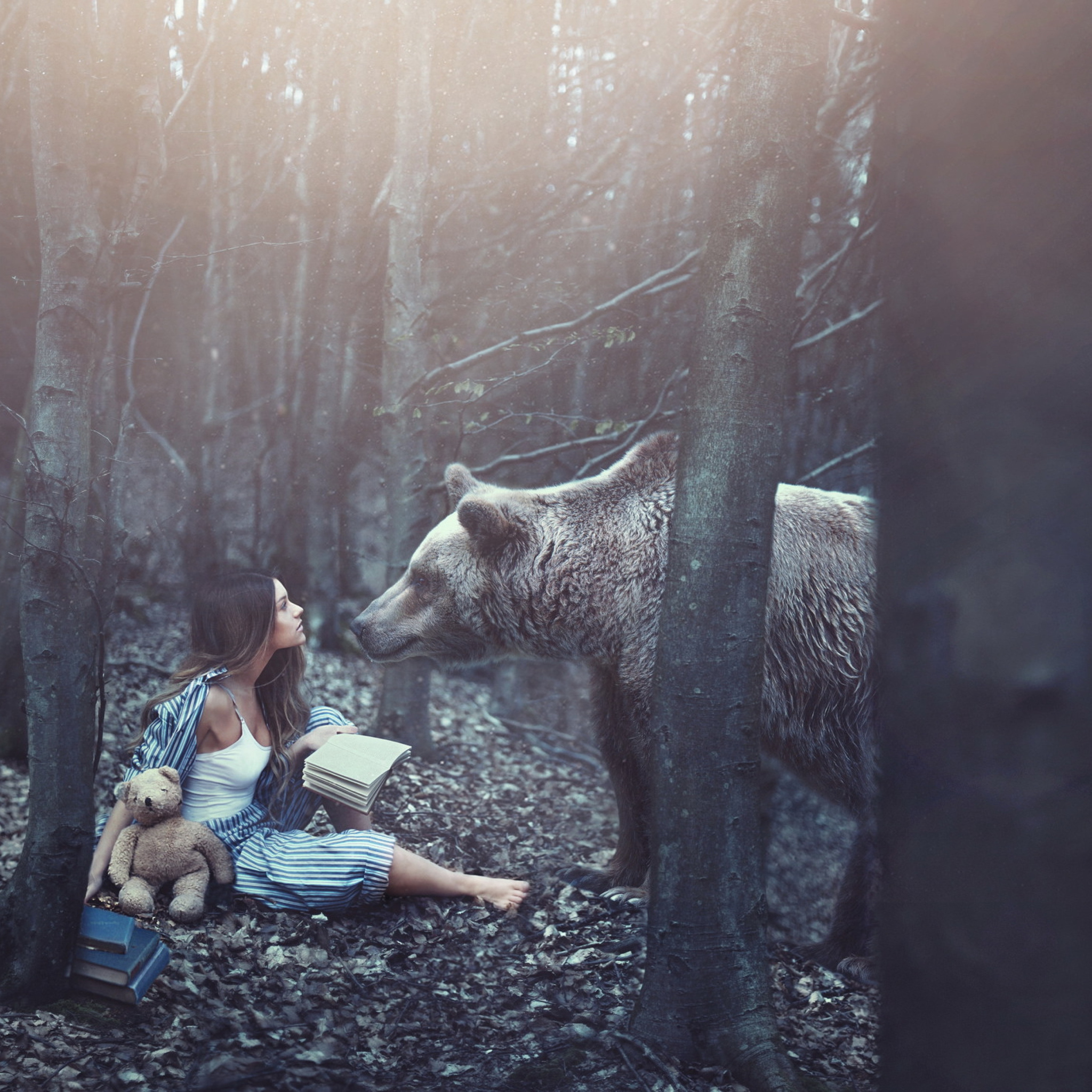 Sfondi Girl And Two Bears In Forest By Rosie Hardy Photographer 2048x2048