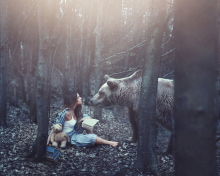 Sfondi Girl And Two Bears In Forest By Rosie Hardy Photographer 220x176