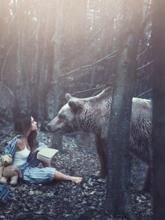 Das Girl And Two Bears In Forest By Rosie Hardy Photographer Wallpaper 240x320
