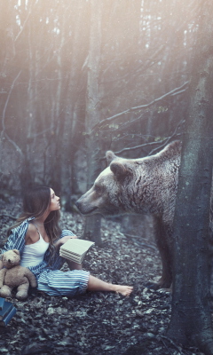Das Girl And Two Bears In Forest By Rosie Hardy Photographer Wallpaper 240x400