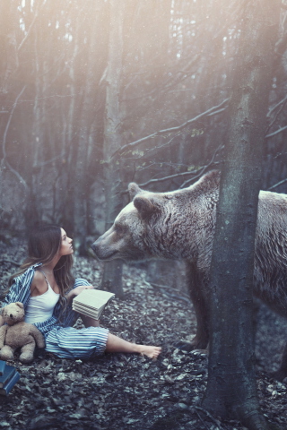 Das Girl And Two Bears In Forest By Rosie Hardy Photographer Wallpaper 320x480