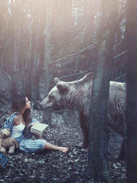Обои Girl And Two Bears In Forest By Rosie Hardy Photographer 480x640