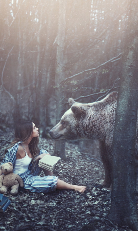 Sfondi Girl And Two Bears In Forest By Rosie Hardy Photographer 480x800