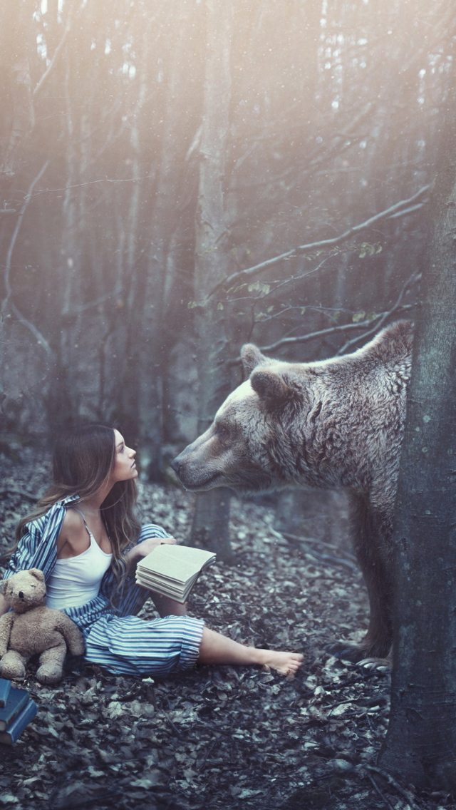 Sfondi Girl And Two Bears In Forest By Rosie Hardy Photographer 640x1136