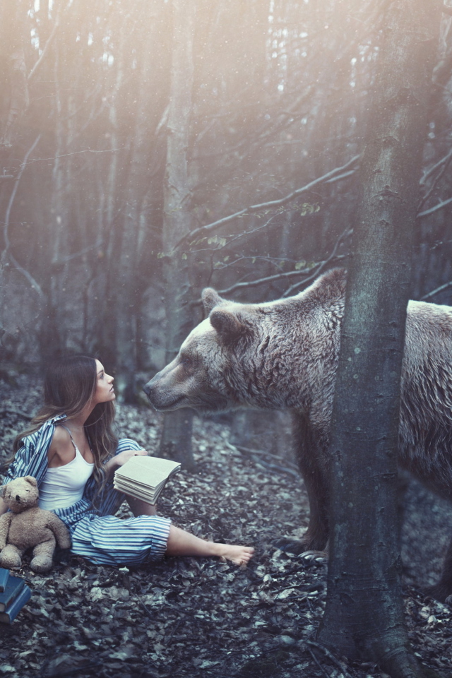 Girl And Two Bears In Forest By Rosie Hardy Photographer wallpaper 640x960