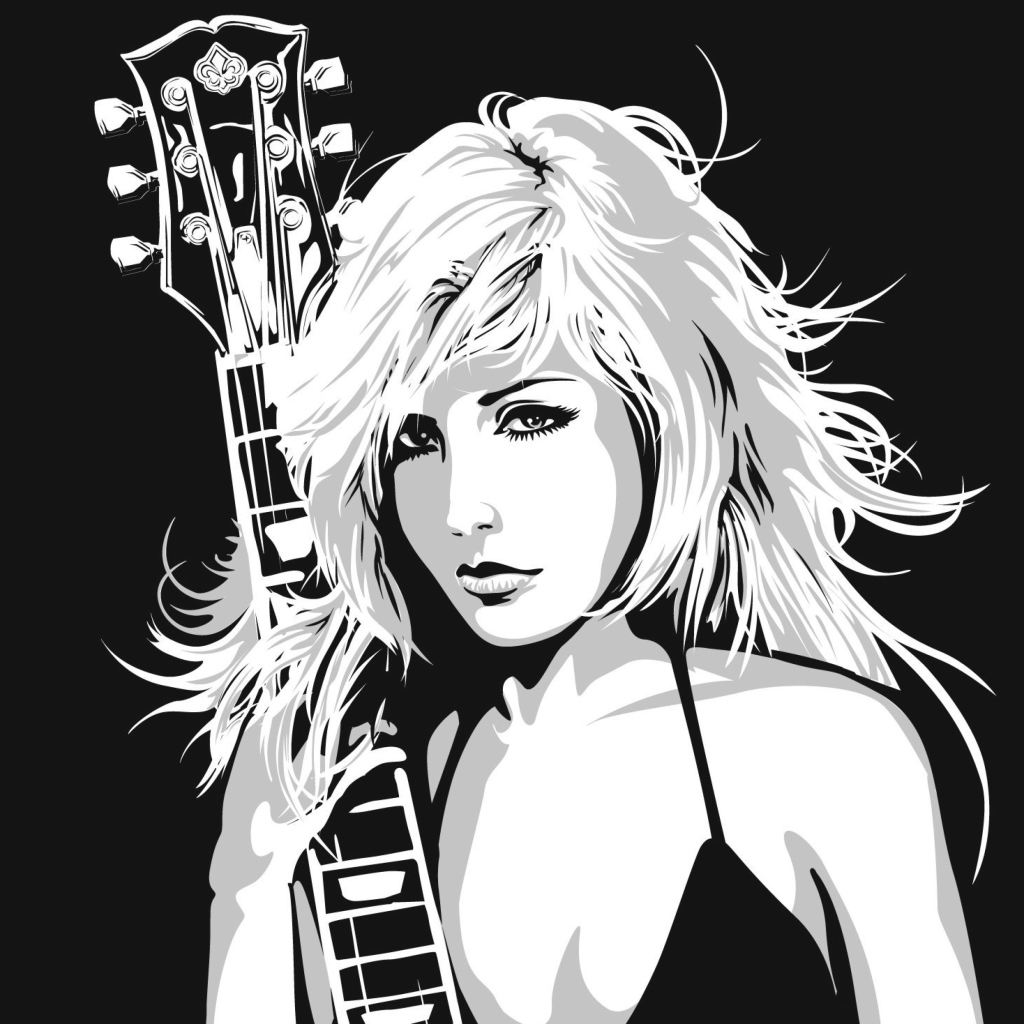 Black And White Drawing Of Guitar Girl wallpaper 1024x1024