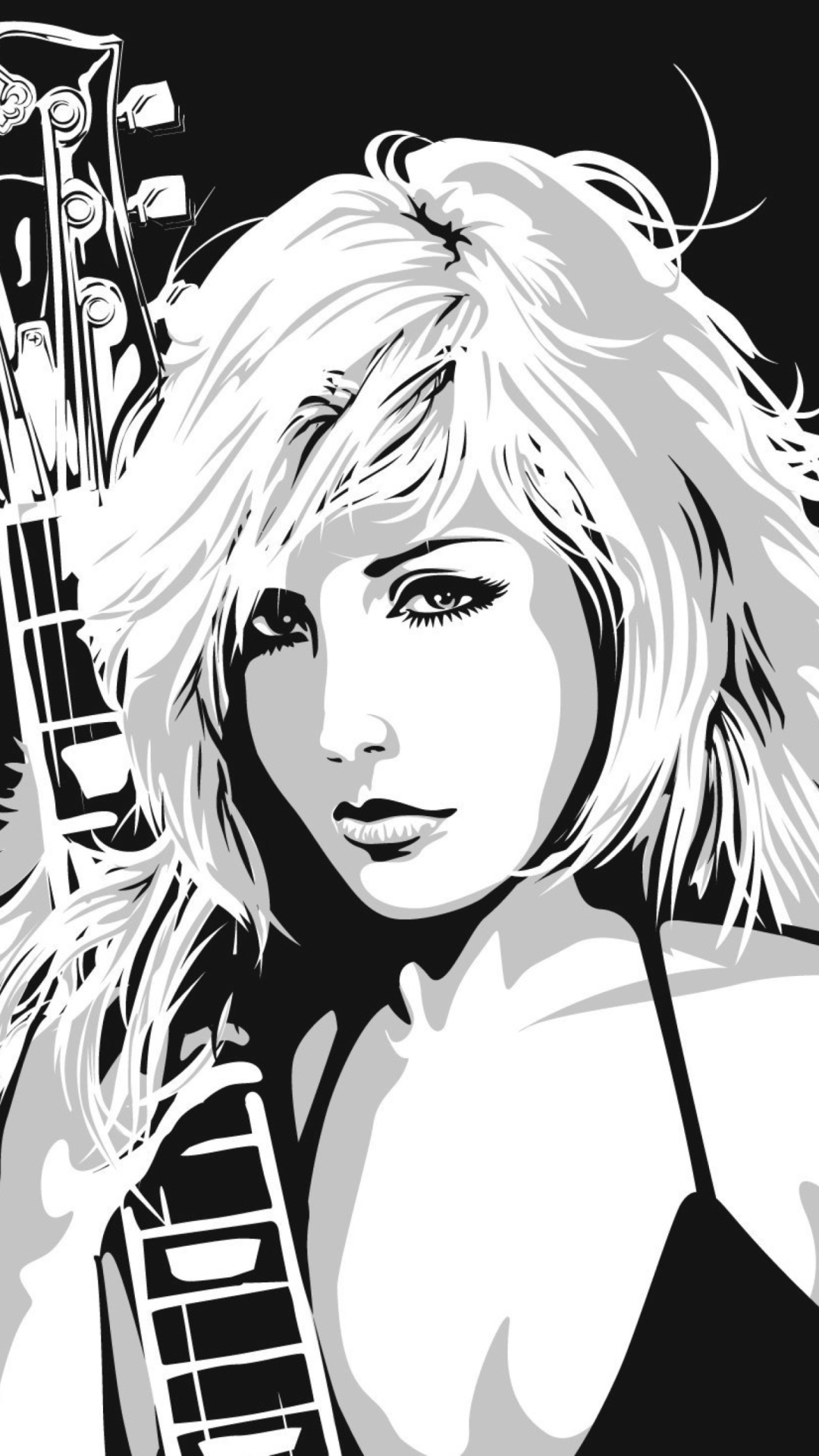 Обои Black And White Drawing Of Guitar Girl 1080x1920