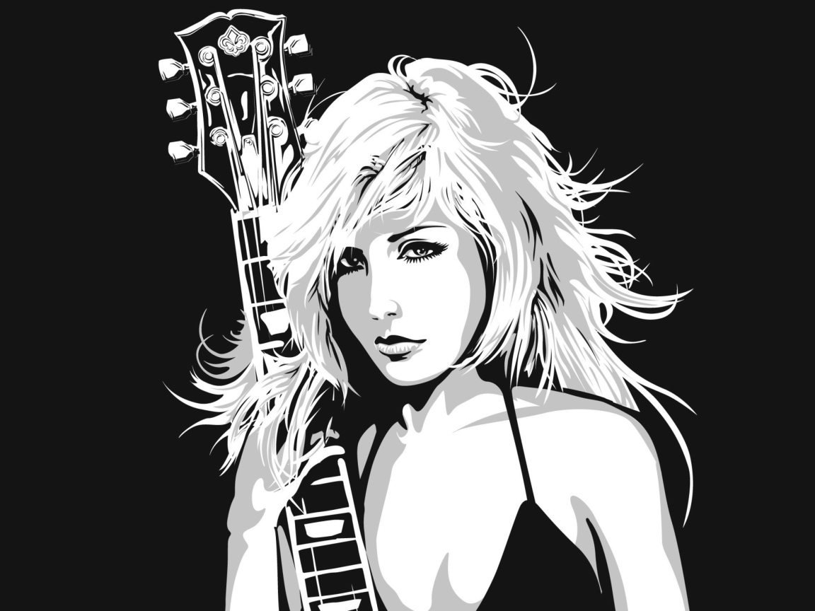 Обои Black And White Drawing Of Guitar Girl 1152x864