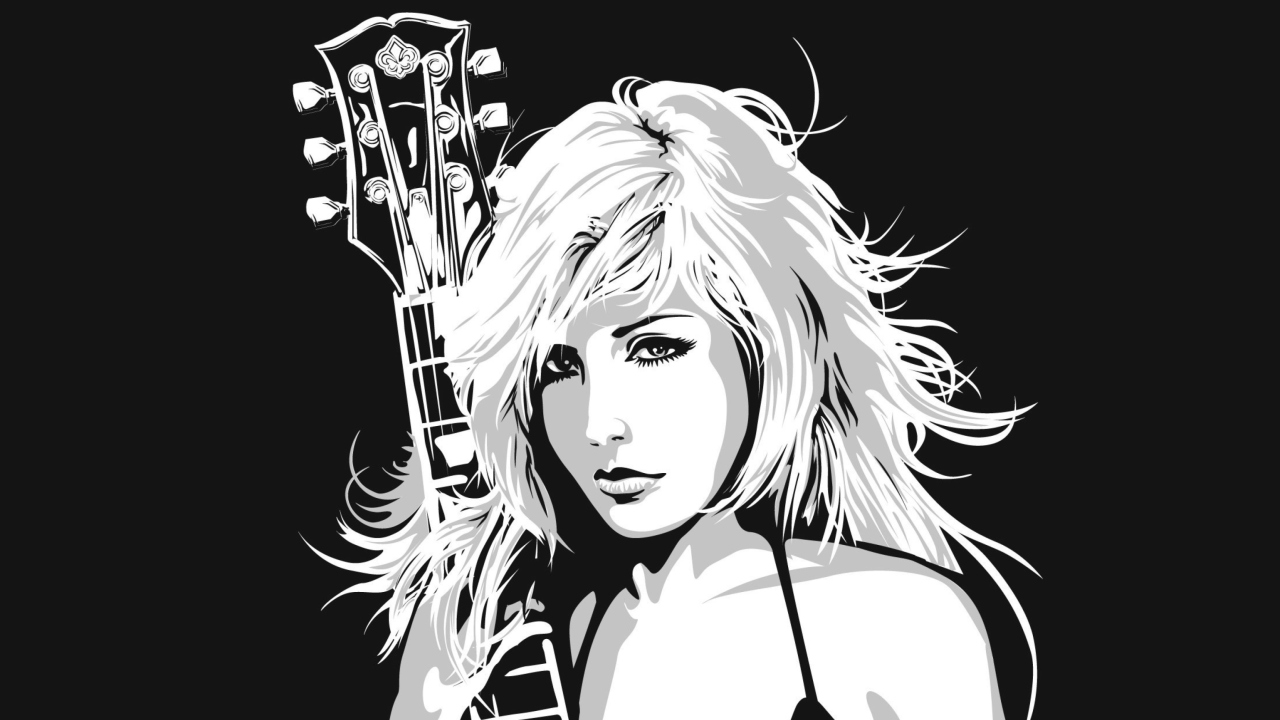 Black And White Drawing Of Guitar Girl wallpaper 1280x720