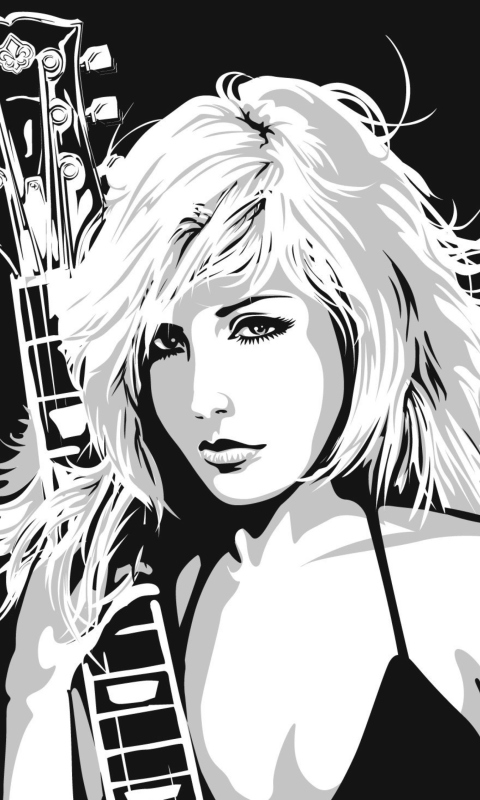 Das Black And White Drawing Of Guitar Girl Wallpaper 480x800