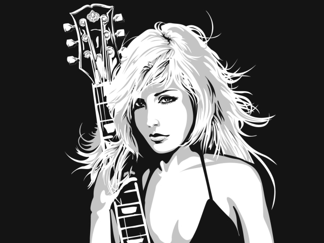 Обои Black And White Drawing Of Guitar Girl 640x480