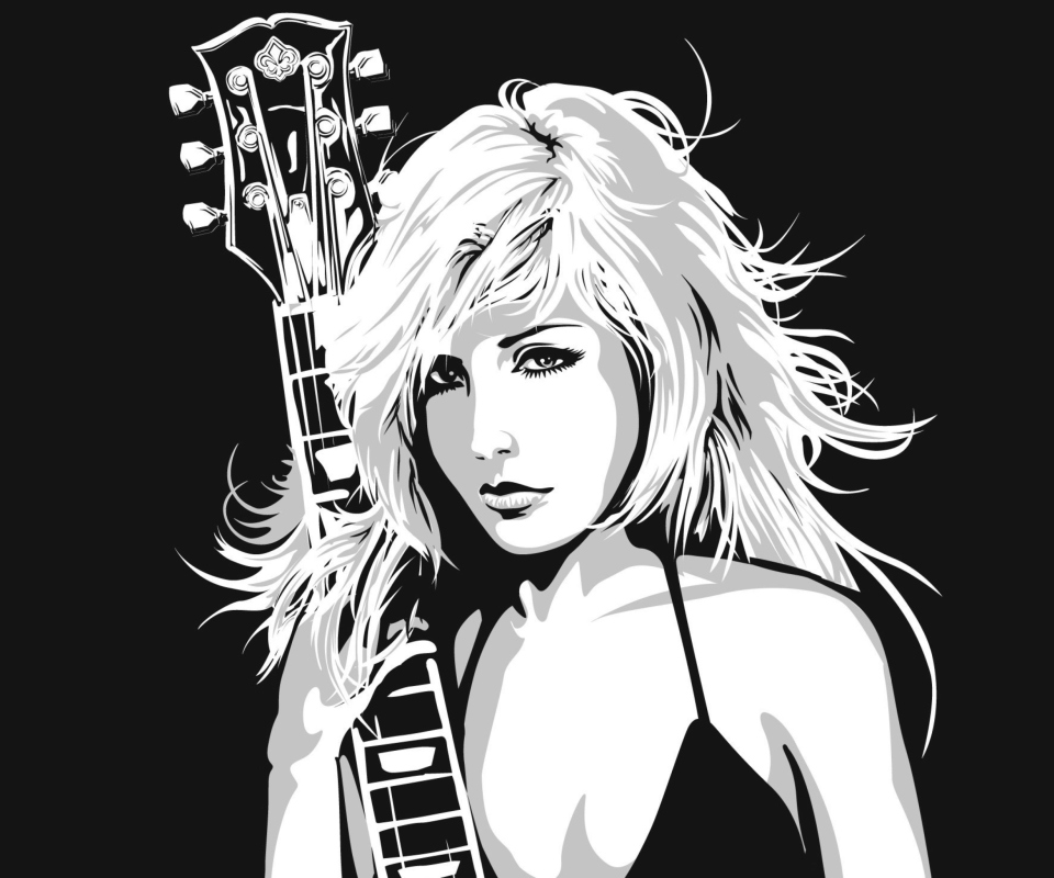 Black And White Drawing Of Guitar Girl wallpaper 960x800