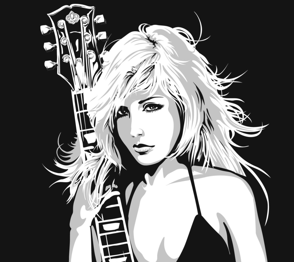 Black And White Drawing Of Guitar Girl wallpaper 960x854