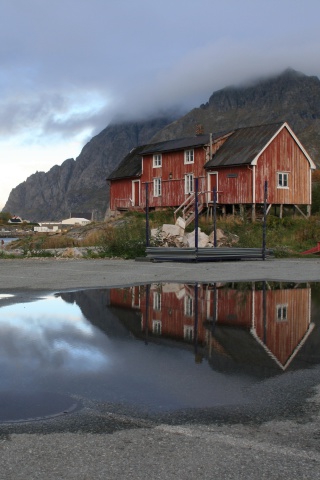 Norway City Lofoten with Puddles wallpaper 320x480