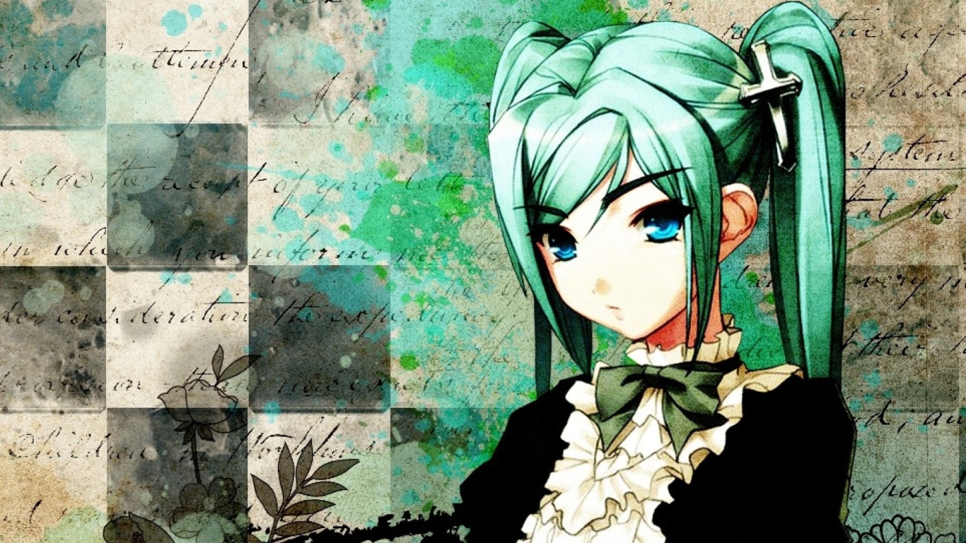 Fondo de pantalla Anime Girl Green Hair 1366x768