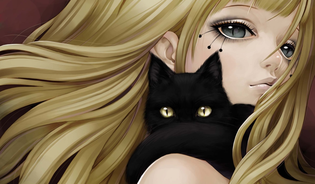Blonde With Black Cat Drawing wallpaper 1024x600