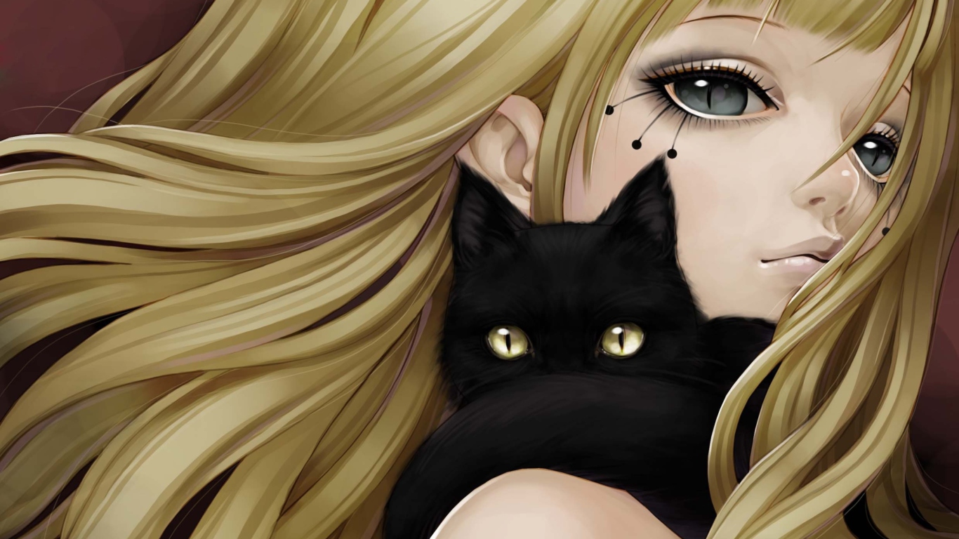 Blonde With Black Cat Drawing wallpaper 1366x768