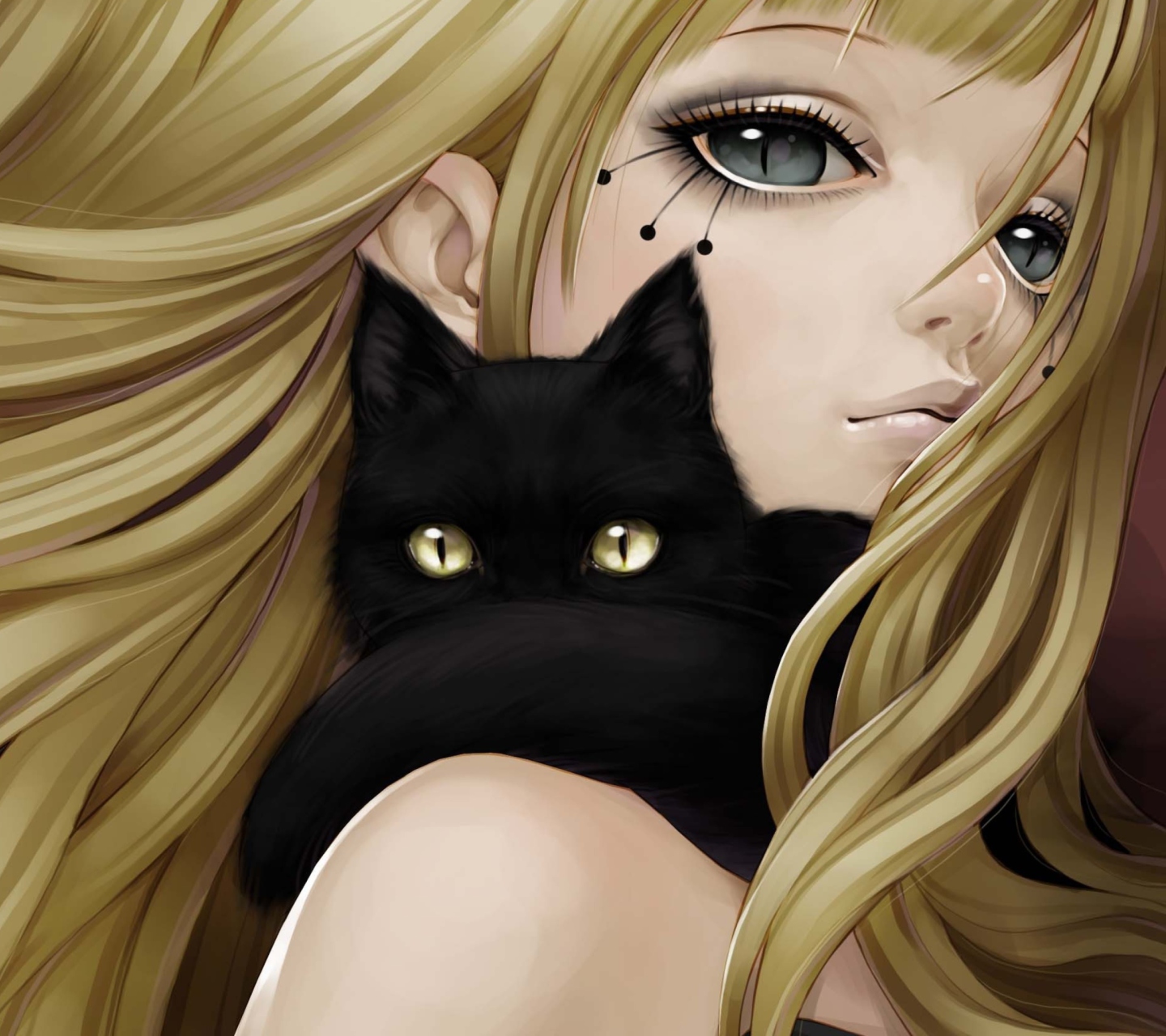 Das Blonde With Black Cat Drawing Wallpaper 1440x1280