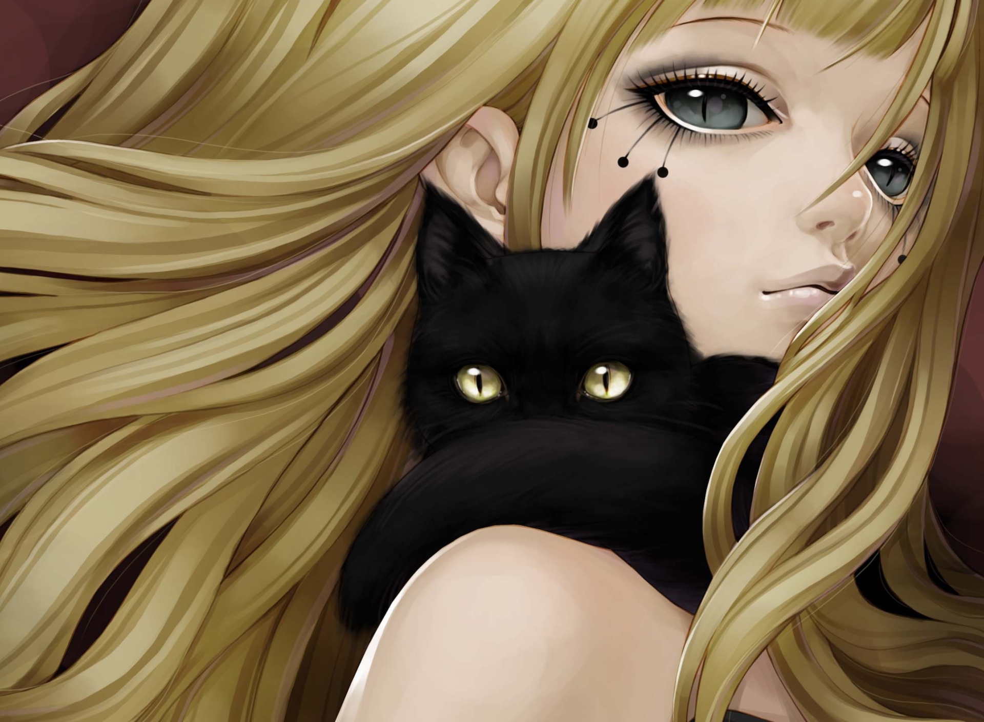 Das Blonde With Black Cat Drawing Wallpaper 1920x1408