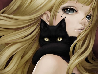 Das Blonde With Black Cat Drawing Wallpaper 320x240