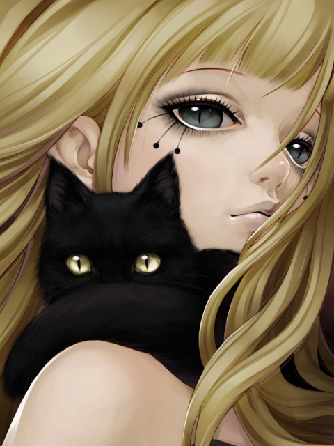 Blonde With Black Cat Drawing wallpaper 480x640