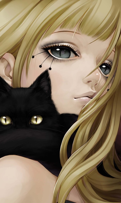 Das Blonde With Black Cat Drawing Wallpaper 480x800