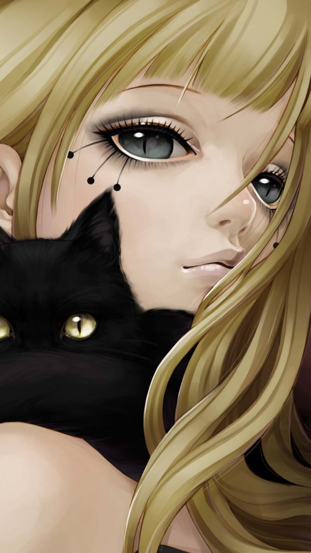 Das Blonde With Black Cat Drawing Wallpaper 640x1136