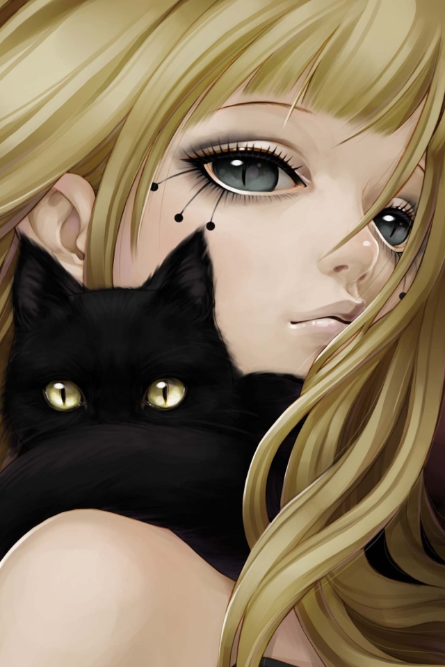 Das Blonde With Black Cat Drawing Wallpaper 640x960