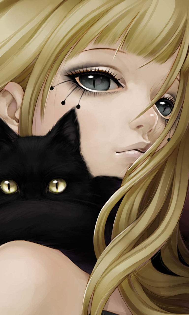 Fondo de pantalla Blonde With Black Cat Drawing 768x1280