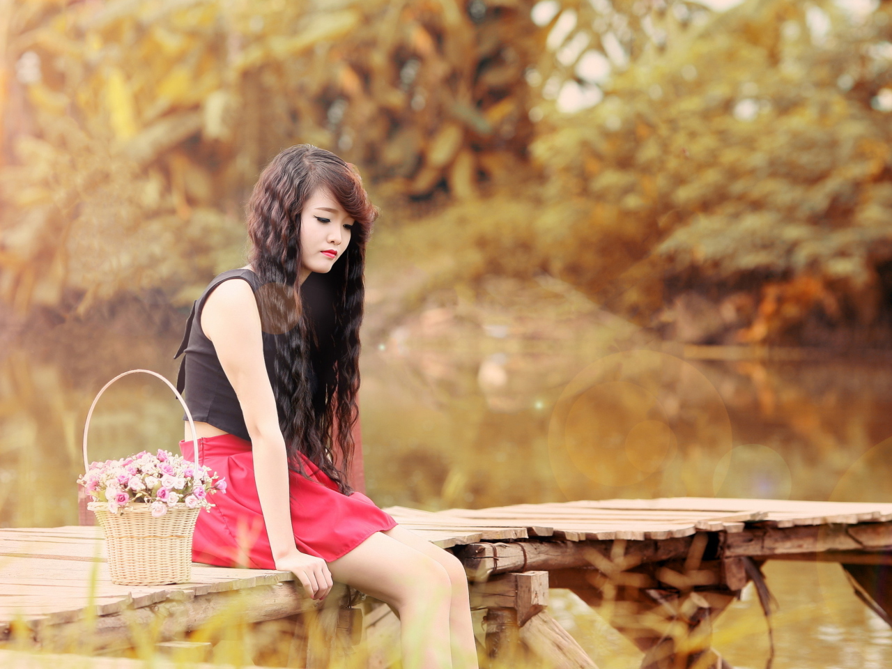 Sad Asian Girl With Flower Basket wallpaper 1280x960