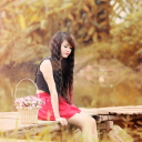 Fondo de pantalla Sad Asian Girl With Flower Basket 128x128