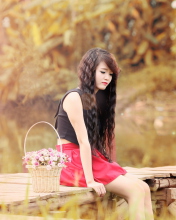 Sad Asian Girl With Flower Basket wallpaper 176x220