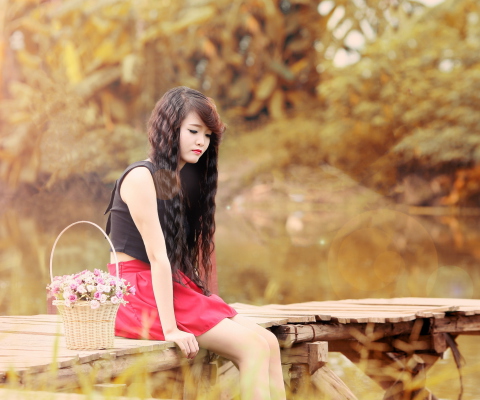 Fondo de pantalla Sad Asian Girl With Flower Basket 480x400