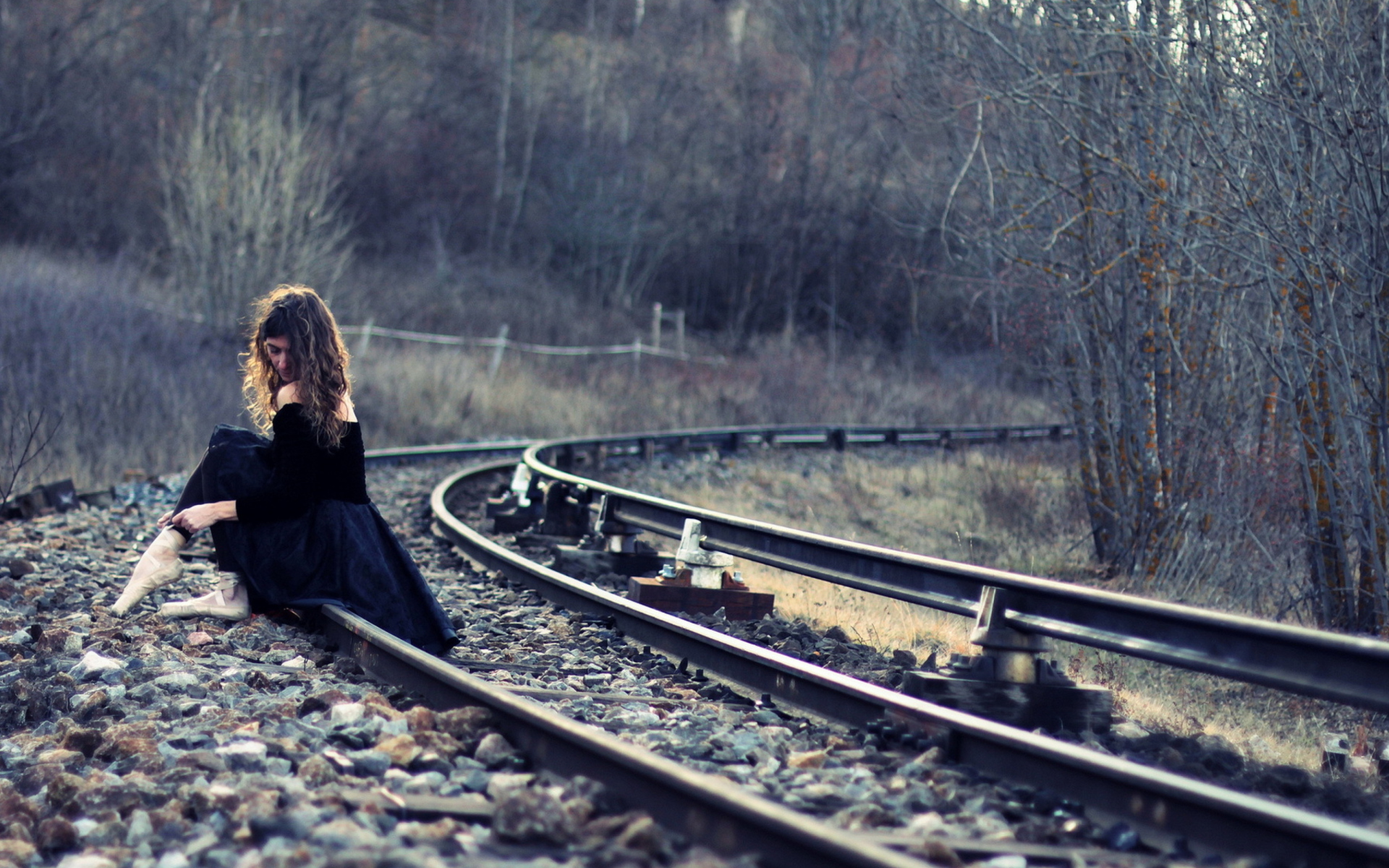 Girl In Black Dress Sitting On Railways screenshot #1 1920x1200