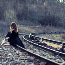 Das Girl In Black Dress Sitting On Railways Wallpaper 208x208