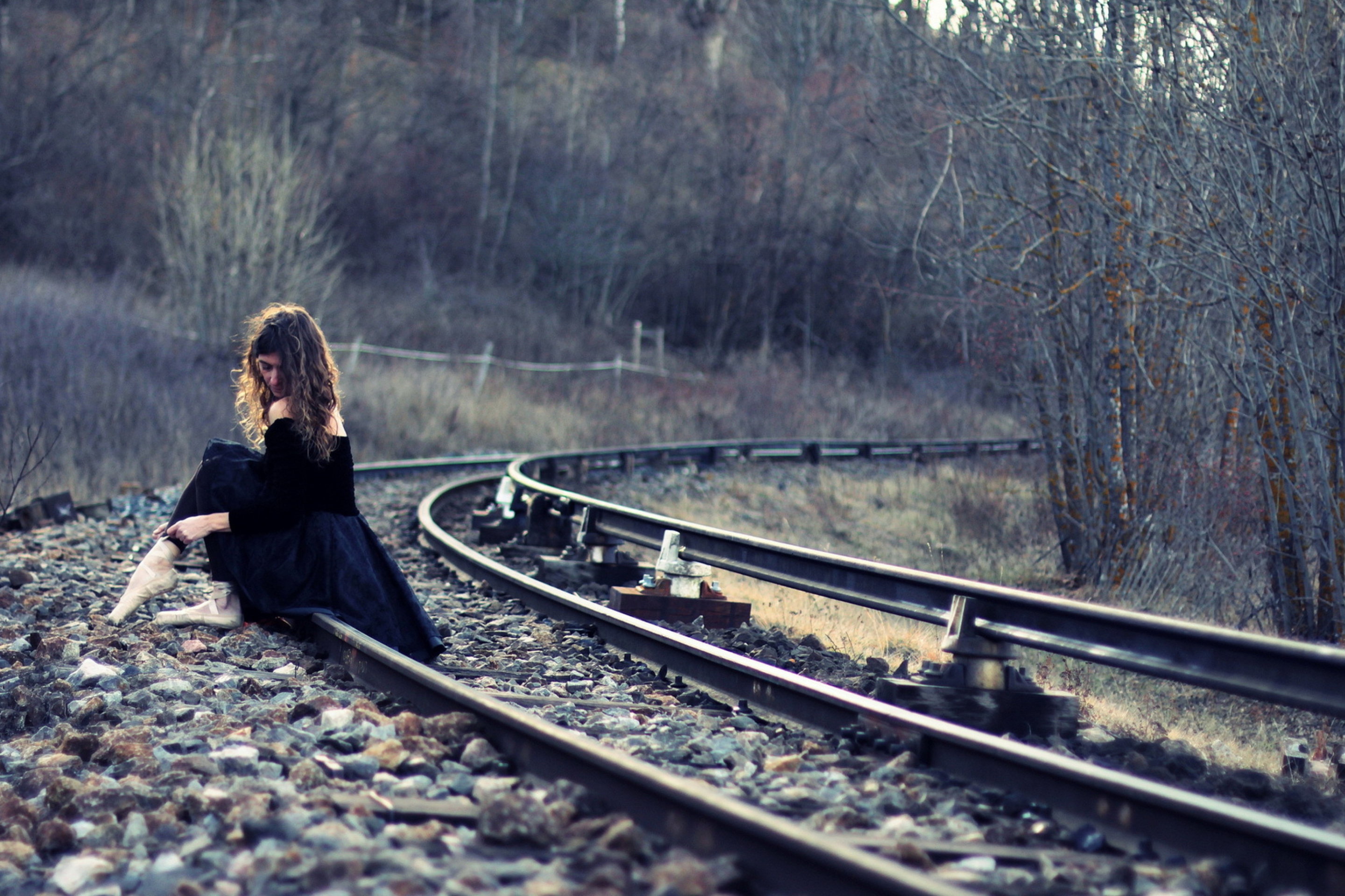 Girl In Black Dress Sitting On Railways wallpaper 2880x1920