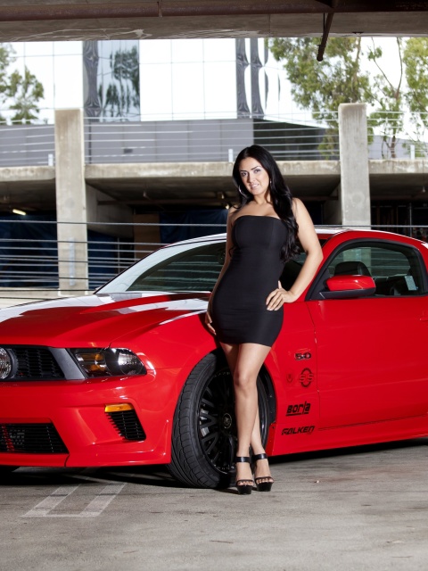 Обои Ford Mustang GT Vortech with Brunette Girl 480x640
