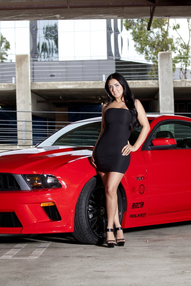 Обои Ford Mustang GT Vortech with Brunette Girl 640x960