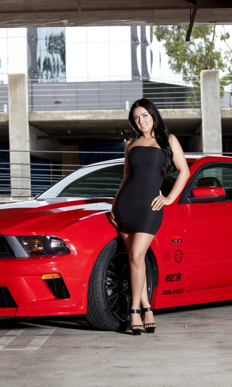 Sfondi Ford Mustang GT Vortech with Brunette Girl 768x1280