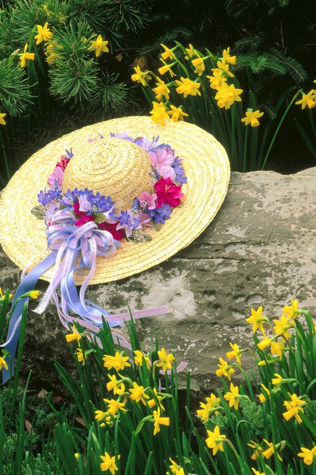 Fondo de pantalla Hat Among Yellow Flowers 640x960