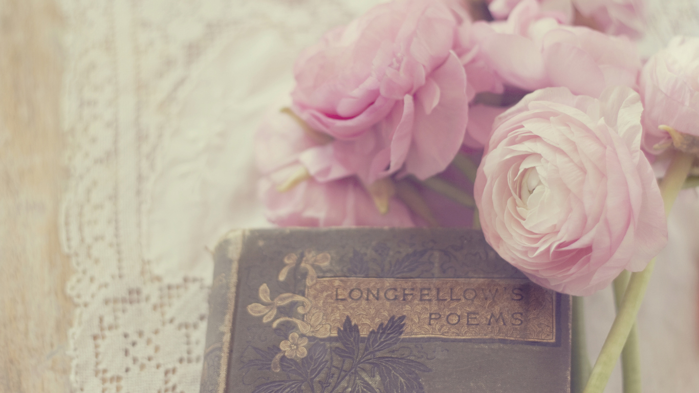 Pink Ranunculus And Vintage Book screenshot #1 1366x768