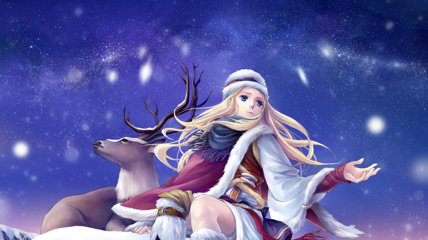 Anime Girl with Deer wallpaper 1366x768