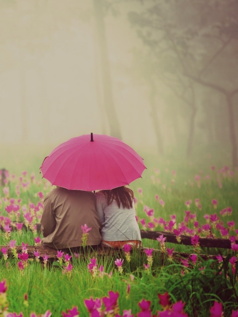Couple Under Pink Umbrella wallpaper 480x640