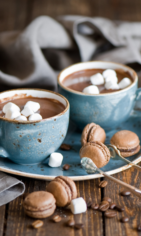 Обои Hot Chocolate With Marshmallows And Macarons 480x800
